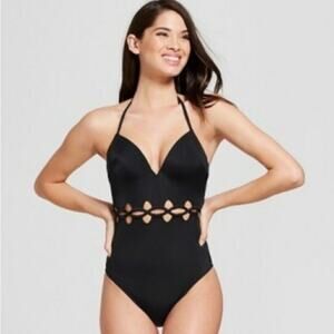 Shade & Shore Black Cutout One Piece Swimsuit Size 36B Halter Tie Neck Summer